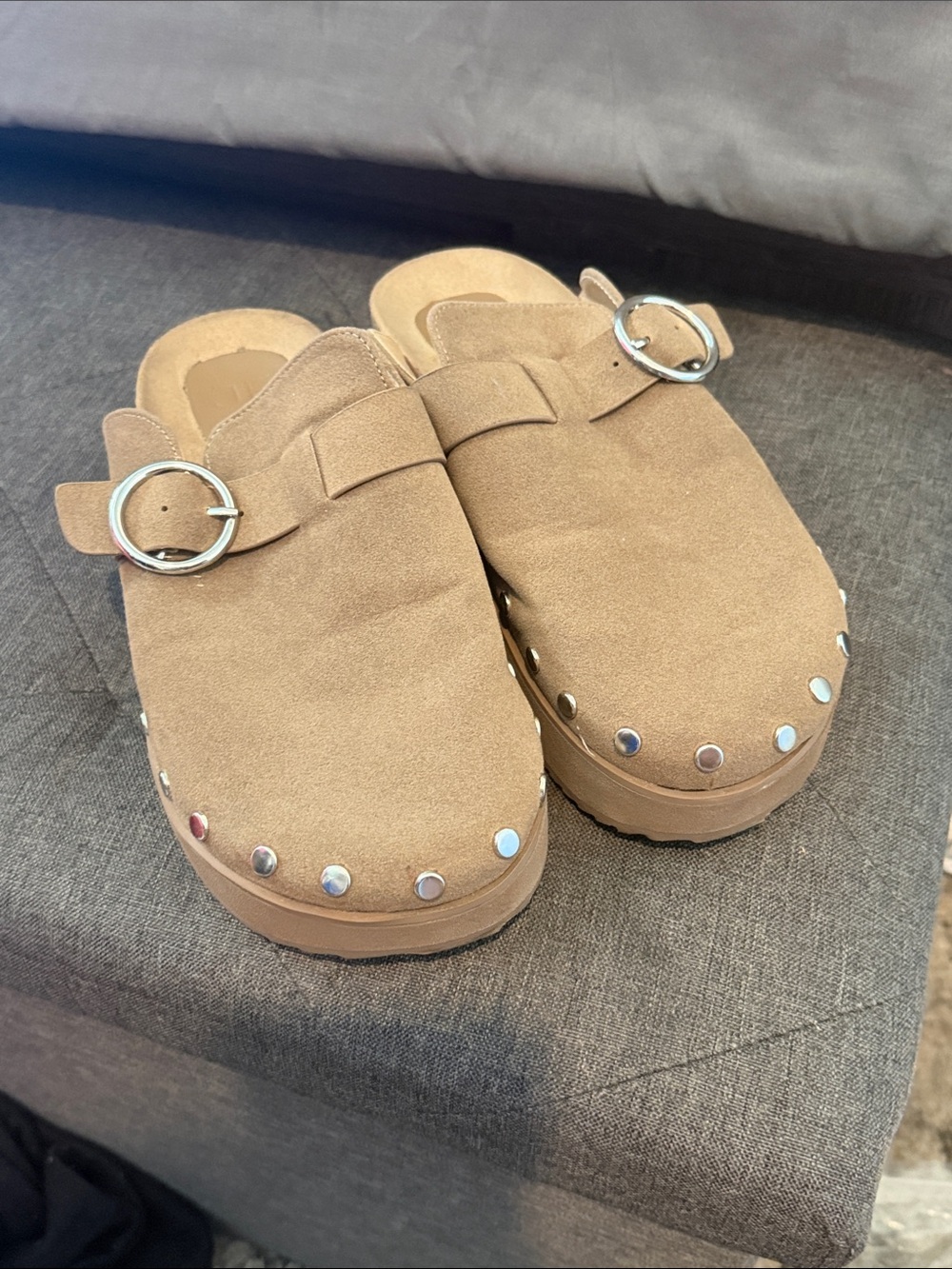 JustFab Tan Suede Clog Mules with Silver Buckle & Studs